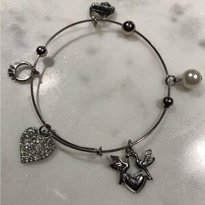 Silver-Tone Heart & Dove Charm Bangle Bracelet with Pearl Accent